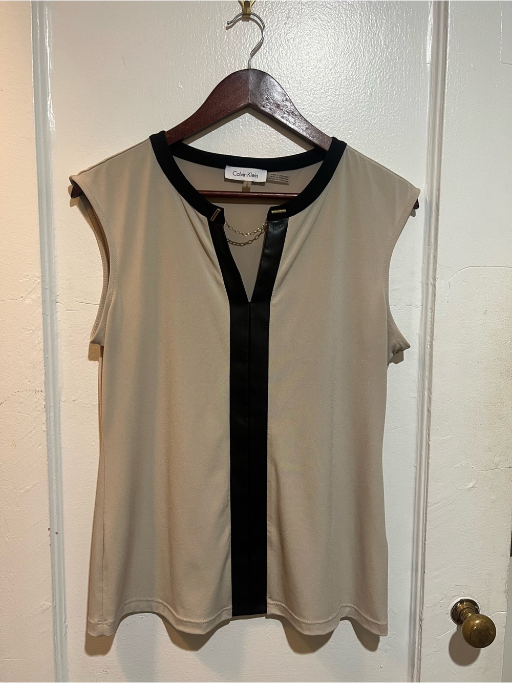 Y2K Calvin Klein Taupe Sleeveless Top with Black Trim and Chain Detail